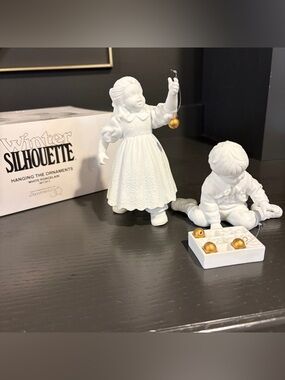 Winter Silhouette Hanging the Ornaments White Porcelain 3 piece Figurine Set